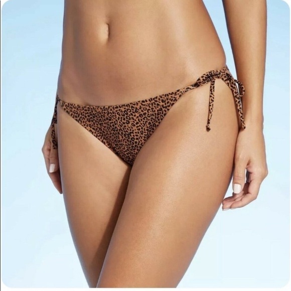 Xhilaration Leopard Animal Orint Ribbed Triangle String Bikini Bottom L Brown - Picture 1 of 2